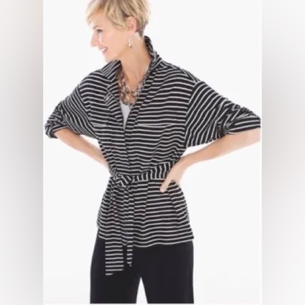 Chico's Striped Knit Jacket Petite 4P Black & White
